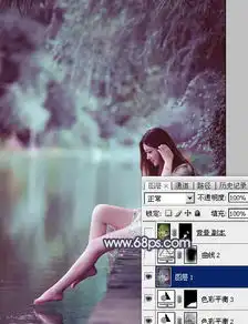 photoshop给湖景美女图片加上唯美的青紫色