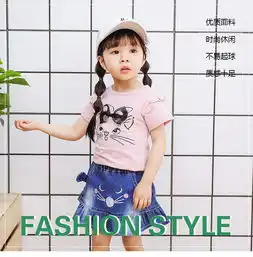 2019新款女童中小童时尚创意蝴蝶结印花大脸猫短袖两件套