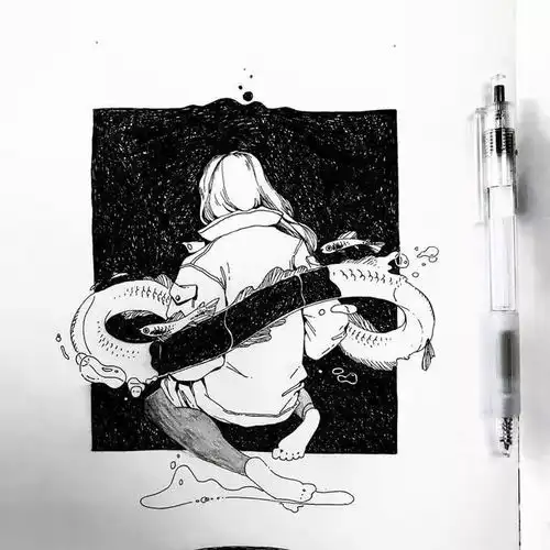 女生与海意境黑白插画大气磅礴的气势美呆了