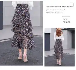 熤笙靘2018夏季碎花雪纺半身裙韩版大摆长裙不规则荷叶边裙印花女裙730