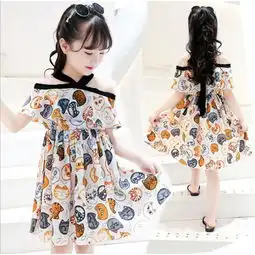 童裙2018夏季新款韩版女童中大童荷叶边系带露肩卡通连衣裙