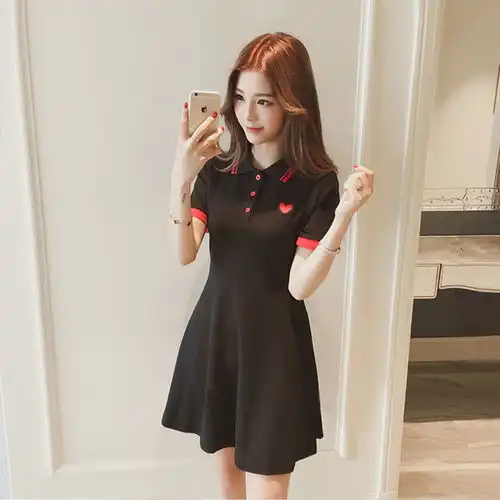 夏季2020学院风韩版潮短袖a字连衣裙女网红ins裙子polo显瘦小黑裙