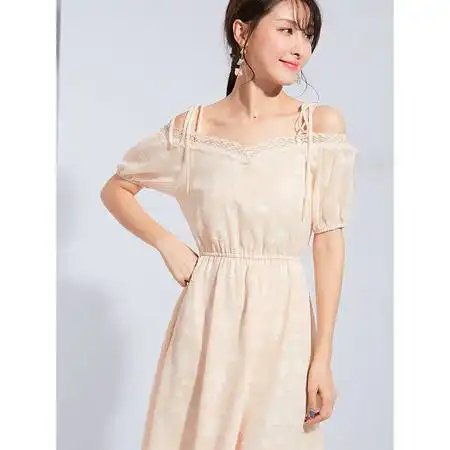 施悦名2019夏款新品短袖吊带一字领绣花雪纺裙小清新淑女连衣裙