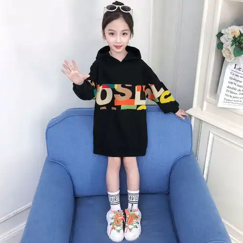 新款2020女童韩版中长款卫衣网红女孩连帽卫衣裙时尚拼接学生外套