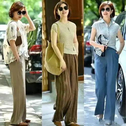 被杭州街拍女生惊艳没想到奶奶裤平底鞋很流行,百搭洋气