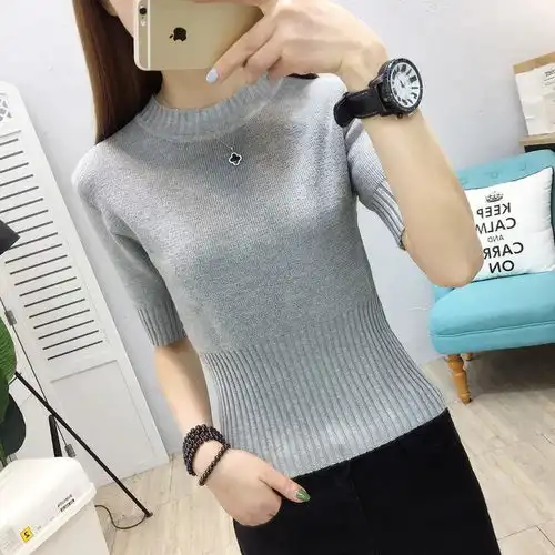 针织短袖女上衣修身冰丝毛衣半袖毛衫ins潮新五分袖半高领打底衫