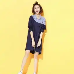 2016秋欧美风条纹翻领拼接假两件衬衫宽松大码女装中