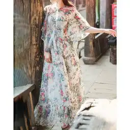 施悦名复古雪纺连衣裙碎花2019春夏季新款印花套头长裙子圆领中袖a字裙图片大全邮乐官方网站