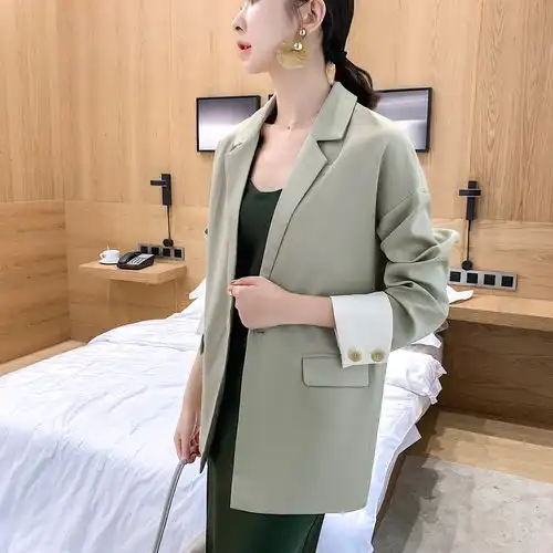 2020春装新款网红牛油果绿系带西装抗皱时尚宽松韩版西服主推现