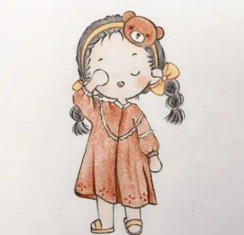 彩铅手绘小女孩彩铅画,表情萌翻了