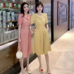 2019夏季新款韩版简约女装女式收腰v领中长款连衣裙a字裙女
