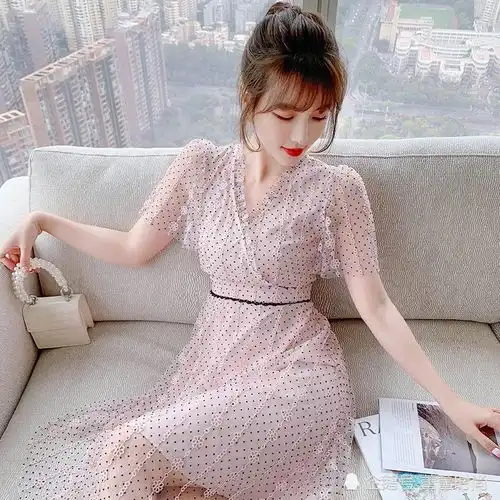 夏季新款女甜美气质泡泡袖收腰显瘦法式波点碎花网纱连衣裙