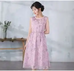 烟花烫连衣裙女夏2019新款无袖时尚淑女印花收腰连衣裙短暂