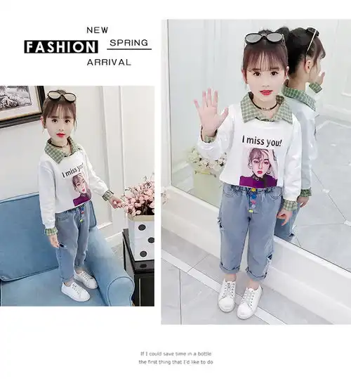 2019新款英伦童套装女童秋装中大童儿童美女印花格子领两件套pwy