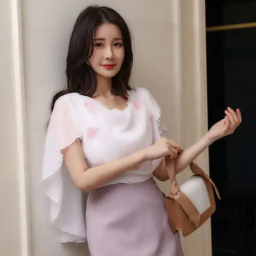 白色绣花蝴蝶雪纺衫女韩版学生披风上衣夏宽松衬衫气质夏装新款