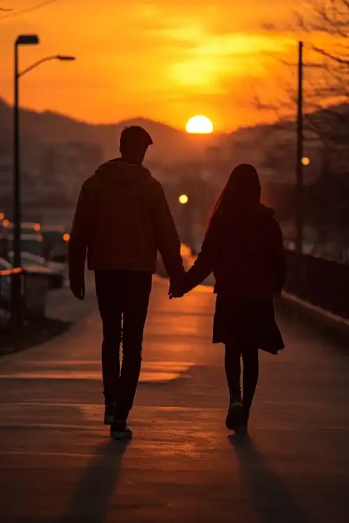 夕阳下情侣旅行背影人物摄影图片摄影