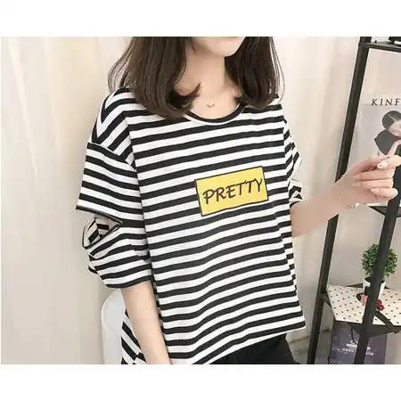 t短袖t恤女夏新款纯棉条纹学生宽松韩版ins超火cec百搭体恤潮t图片大全邮乐官方网站