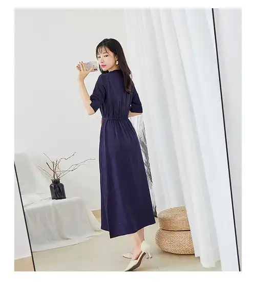 汤河店2019春装女欧美新款气质淑女连衣裙v领拼接五分袖收腰a字裙