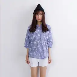 文艺清新碎花女式衬衫半立领五分蝙蝠袖秋衬衫休闲宽松女衬衫
