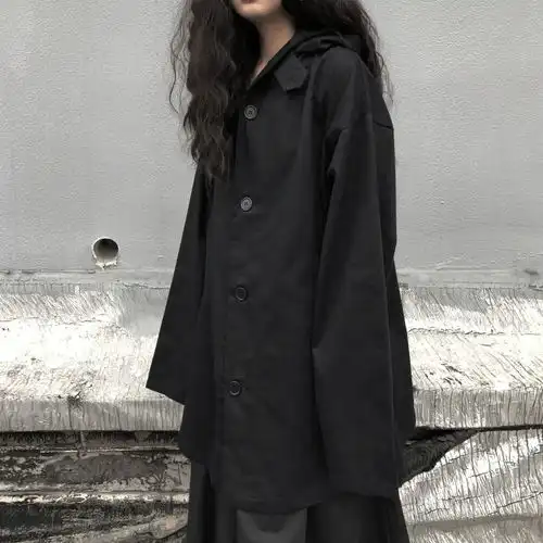 ins外套女韩版宽松学生春秋季新款日系复古暗黑风连帽中长款上衣