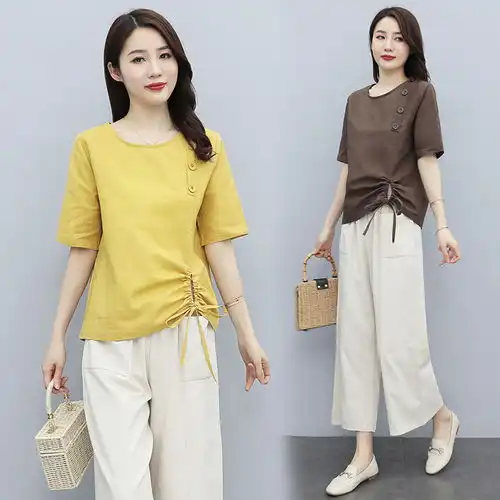 休闲套装女夏2021年夏装新款气质时尚女装夏季棉麻两件套潮