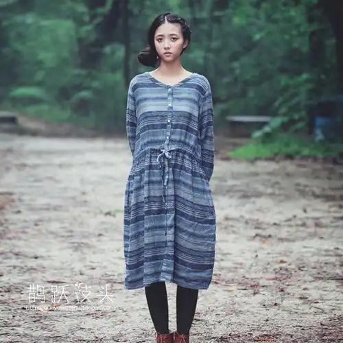 艺范清新间条棉麻抽绳宽松连衣裙