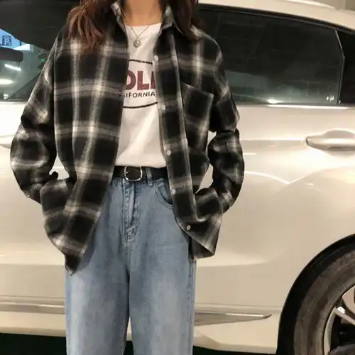 长袖格子衬衫女学生韩版宽松防晒衣夏女装外套港风上衣秋季中长款