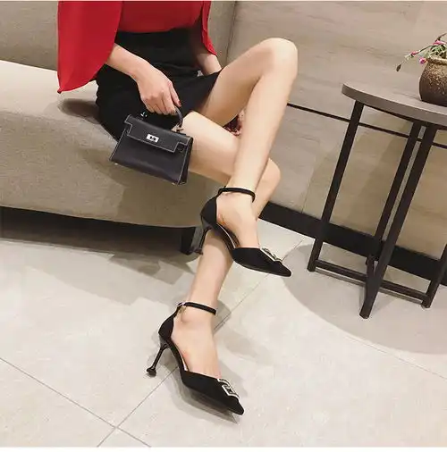 春秋新款一字带高跟鞋绒面尖头细跟水钻浅口单鞋女鞋afx福卡商城