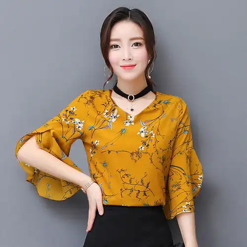碎花雪纺衫短袖女2019夏季宽松显瘦喇叭袖打底衫韩版t恤女上衣服