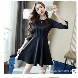 新款韩版气质时尚系带木耳边收腰大摆小黑裙a字连衣裙秋装女依生