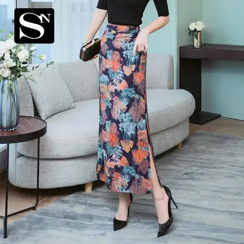 气质显瘦碎花包臀裙开叉半身裙长裙一步裙印花女裙子2020春夏高腰
