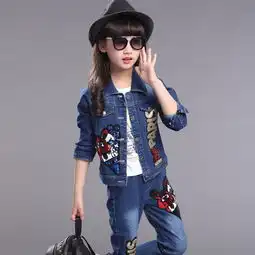 2017春秋装新款韩版女童亮片牛仔套装中大童字母卡通休闲两件套