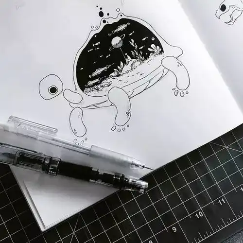 女生与海意境黑白插画大气磅礴的气势美呆了