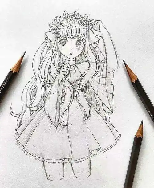 二次元少女铅笔手绘线稿