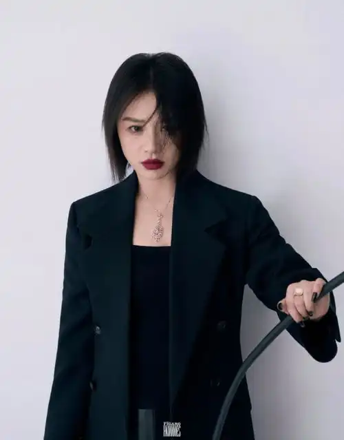 女星马思纯费加罗男士封面大片,黑发红唇造型状态自然松弛