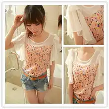 依恋飘飘小清新荷叶小飞袖衣心衣意拼接雪纺衫835