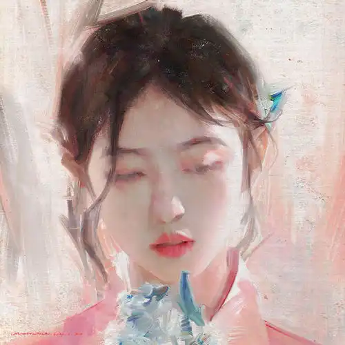 高级油画质感插画作品,笔下的白衣少女太梦幻了