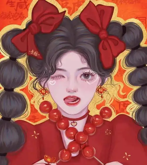 绝美手绘国潮风动漫女头新年红色头像
