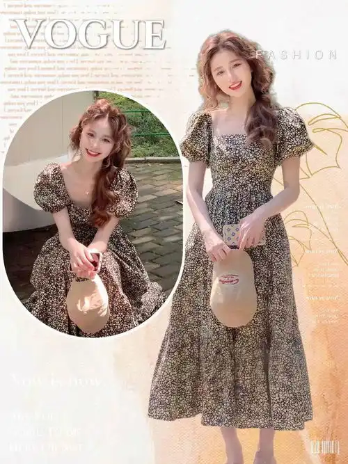 时尚女人穿搭法式茶歇方领泡泡袖碎花连衣裙气质收腰显瘦a字长裙,又美又飒