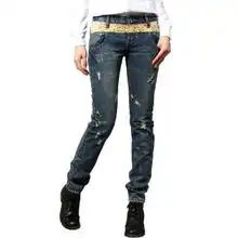 koodikanllo科蒂卡诺春装新款个性拼布牛仔裤女磨破雪花铅笔裤靴裤065