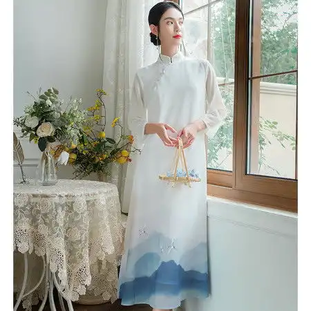 施悦名卿淑斋2021夏季中式连衣裙女民族风手绘旗袍改良版印花连衣裙女夏
