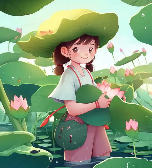 在荷花池摘莲蓬的可爱女孩插画图片素材下载jpg格式熊猫办公