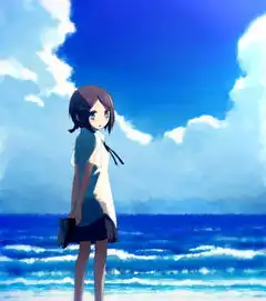 有没有蓝天白云草地的背景,然后有一个动漫女孩趴在上面的壁纸
