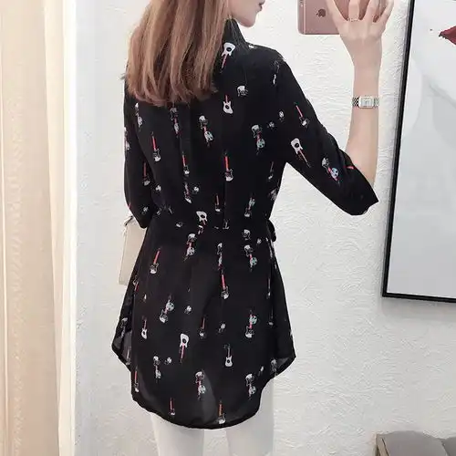 夏季女装七分袖衬衣中长款雪纺衬衫女学生韩版宽松衣服雪纺衫上衣