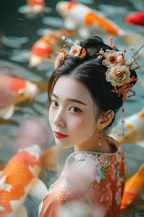 高清古代美女锦鲤人物肖像摄影图摄影图