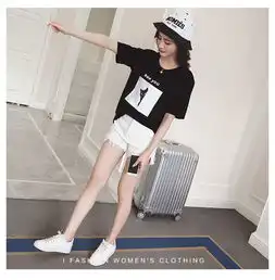 fx2018春夏新款韩版女装卡通小猫咪印花修身短袖纯棉圆领t恤女