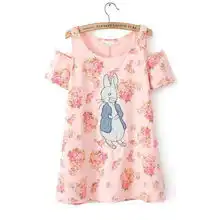 萌妹子home2014夏装新款韩版女卡通印花兔子甜美露肩短袖t恤