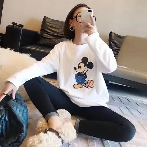 纯棉2020早春新款长袖t恤女宽松韩版白色简约百内搭米奇老鼠上衣