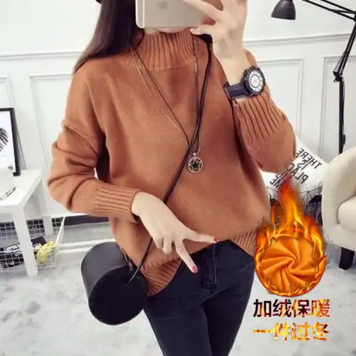 加绒不加绒毛衣女高领套头秋冬新款加厚韩版宽松短款学生打底衫