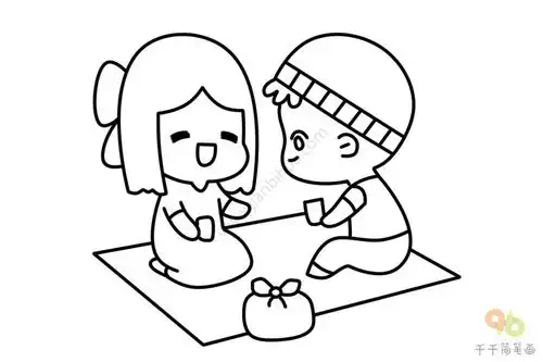 两个小朋友简笔画郊游去野餐喽